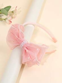 1pc Solid Color Bow Hair Band,Tulle Faux Pearl Headband,Fashion Hair Accessories For Toddlers Kids Daily Use Gifts
