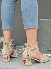 Sandales décontractées à talons mi-hauts brodées pour femmes, sandales d'été polyvalentes à talon épais, élégantes et rétro, à bout ouvert, avec une fermeture éclair à l'arrière