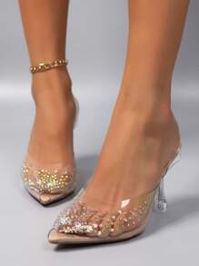 Women's Fashionable Crystal Embellished Transparent High Heel Sandals, Sexy Thin Heel Summer Open Toe Slippers With Back Strap - Apricot - View 4