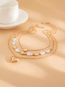 3 pièces/set Collier asymétrique avec perles vintage, collier pendentif élégant minimaliste en forme de cœur géométrique pour femmes, polyvalent pour les soirées et le porter casual