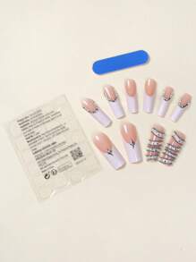 24Pcs Y2K Style Nails Long Square Press On Nails Fashionable White French Glossy Full Cover Fake Nails 3D Metal Chain White Pearl False Nails For Women And Girls - Includes Nail File & Jelly Adhesive Nail Supplies Nails