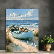 1 Pc Tranquil Light Blue Rowboat Beach With Seagulls Canvas Posters - Unframed Coastal Wall Arts For Living Room, Bedroom Or Hallway, Beach Themed Decor, Great For Room Decor - Multicolor - View 12