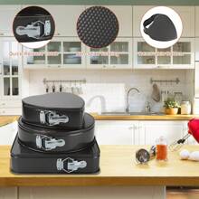 Hedrix Set Of 3 Cake Molds Three Design, Circle, Square And Heart Shaped Spring Form Non Stick Baking Steel Multi Shape Baking Tray (Black). , 24cm, 26cm, 28cm - Black - View 3
