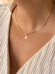 1pc Gold-Tone Round Snake Bone Chain Necklace With Rectangle Cubic Zirconia Pendant, Suitable For Cute Girls Everyday Wear - Yellow Gold - View 2