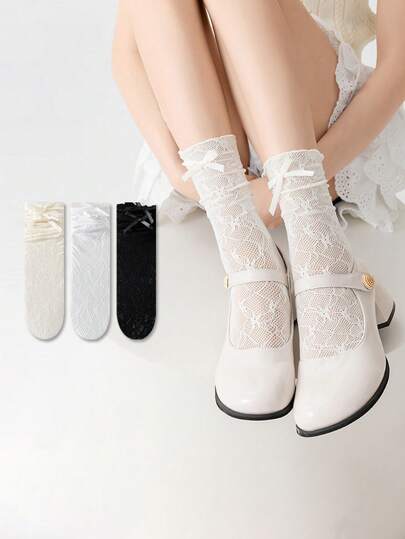 1/3/6 双女士蕾丝边蝴蝶结渔网袜，透明镂空及膝袜，适合夏季
