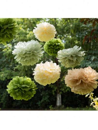 16pcs Wedding Party Decor Paper Flower Balls, Khaki, Beige, Olive Green Paper Pom Poms, Birthday Party Background Decoration Balls, Suitable For Festivals, Anniversaries, Wedding, Valentine's Day Decorations