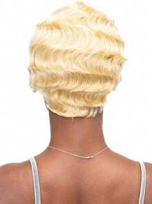 Blonde Finger Wave Human Hair Wig Blonde Pixie Cut Wigs For Women Human Hair 4INCH Short Blonde Finger Ocean Wave Wig For Beginners With Bangs Layered Blonde Pixie Cut Wigs Full Machine Made Wig
