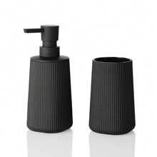 2pcs Matte Black Striped Bathroom Set - Soap Dispenser & Toothbrush Holder, Minimalist Luxury Style, Suitable For Bathroom Countertop