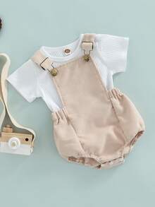 Baby Strappy Romper Suit Ribbed Round Neck Short Sleeve T-Shirt Tops + Adjustable Straps Romper Two Piece Set - 米色 - 查看 2