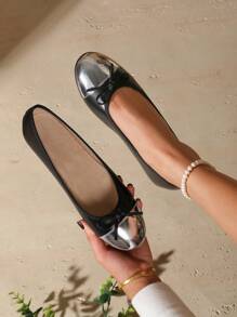 蝴蝶结拼布平底鞋，春夏秋季浅口软底轻便舒适一脚蹬平底乐福鞋，女式低跟奶奶鞋 - 黑色 - 查看 5