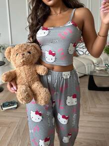 Sanrio 2 Stücke bedruckte Damen Trägerhemd Kurz Top + Gummibund gerade Hose Schlafanzug Set, Zweiteiler