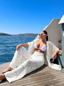 Conjunto de pantalones de punto para vacaciones en la playa con cubrecosturas de manga 3/4 (traje de baño no incluido) - Blanco - Ver 6