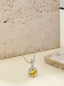 1pc Luxury Minimalist Round Cubic Zirconia 3D Pendant Necklace, Fashionable Gift Suitable For Women's Daily Wear - Silver - View 5