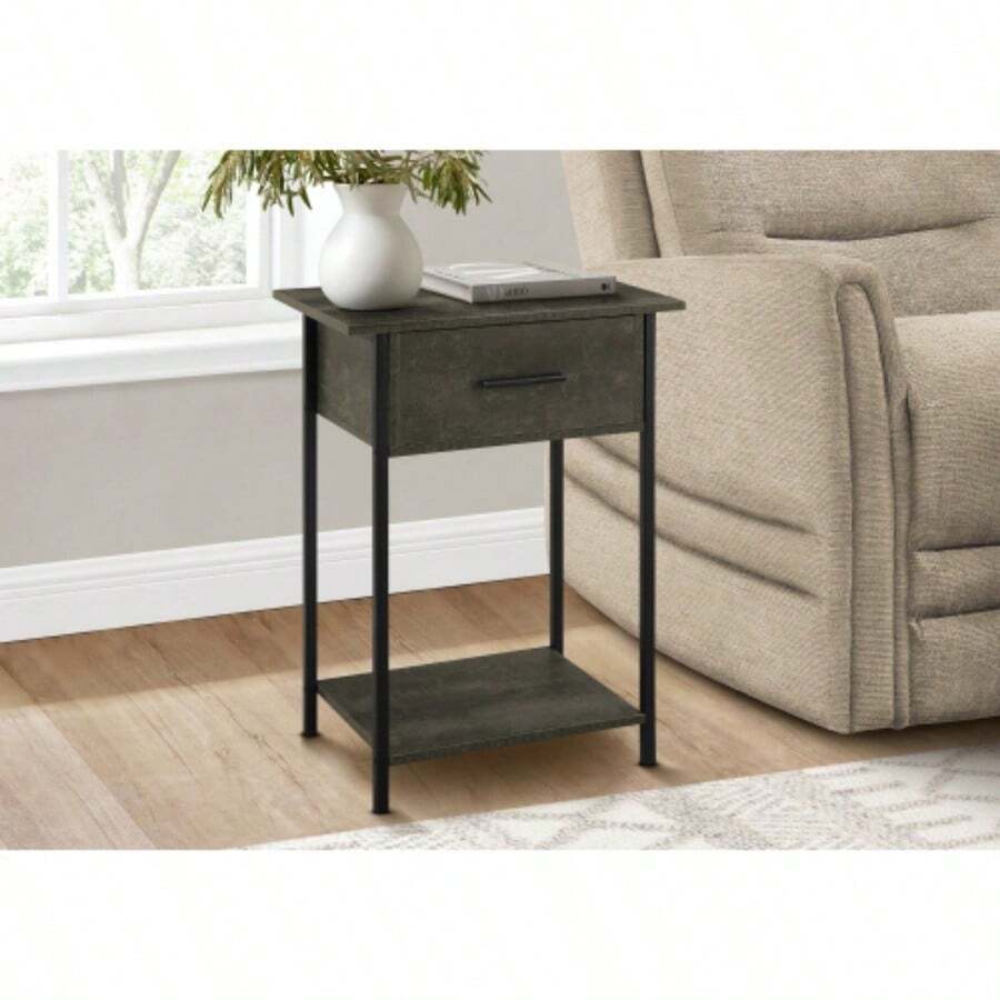Accent Table, 2 Tier, End, Lamp, Living Room, Side Table, Storage Drawer, Small, Dark Bronze Laminate, Black Metal, Contemporary - Black - View 1