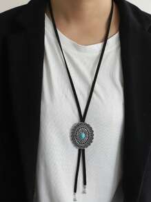 Retro Turquoise Flower Metal & Leather Long Necklace, Unisex Minimalistic Design