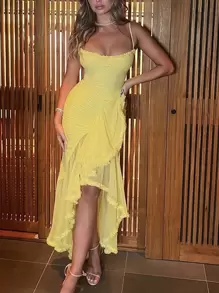 Street Style Mesh Slip Dress, Backless Fitted,Spring Summer Vacation Wedding Guest Graduation Formal,Summer Dresses For Women Party - Yellow - View 5