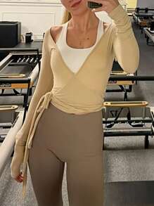 Women Y2k Long Sleeve Workout Tops Cross Wrap Tie Tops Sexy Deep V Neck Bandage Surplice Wrap Crop Top Solid Color Casual Slim Fit T-Shirts Fitness Gym Yoga Athletic Blouses Tops Sportswear Dance Ballet Dancewear - 棕色 - 查看 3