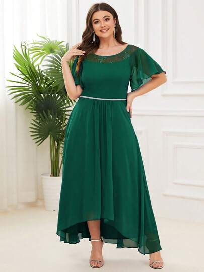 EVER-PRETTY Robe de demoiselle d'honneur grande taille femme élégante en mousseline de soie, à volants et patchwork de dentelle