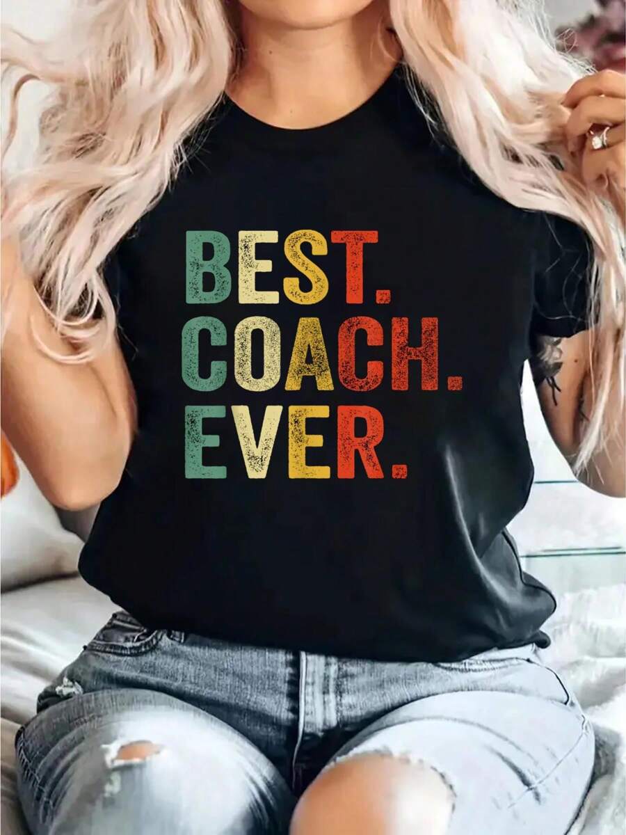 Best Ever Gifts Funny Retro Vintage Style Coaching T-Shirt Print T-Shirt, Casual Crew Neck Short Sleeve Comfort Tee Top For Spring & Summer, Women'S Clothing - Black - View 1