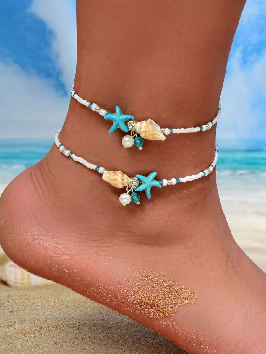 2 Pcs Bohemia Handmade Beads Chain Starfish Summer Beach Anklets Adjustable Vacation Foot Jewelry