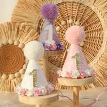 1pc Shiny Birthday Party Cone Hat With Floral Decor, Universal Celebration Headwear For Birthday And Festive Occasions, Photo Prop