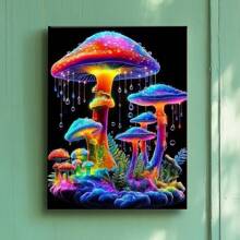1pc Earth Day Framed Canvas Wall Art Poster Printing Abstract Surrealism Digital Colorful A Group Of Colorful Mushrooms On A Black Background Wall Art For Living Room Bedroom Bathroom Kitchen Apartment Hotel, Artful Home Decoration - Framed, Vertical - Framed Canvas - View 2