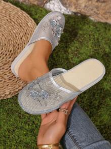 2024 New Handmade Bead Decor 2-Way Wear Indoor Outdoor Mesh Slippers - Silver - View 3