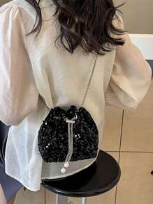 1pc Chain Drawstring Closure PVC Glitter Bucket Bag With Metal & Pearl Decor, Bling Glam Women Fashion Evening Party Shoulder Crossbody Cosmetic Clutch Gift