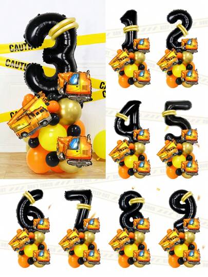 26pcs/Set Construction Vehicle Themed Birthday Balloons, 32inch Building Crane & Excavator With Black Number Balloons, Suitable For Birthday Party Decoration, Transportation Theme Party, Party Decorations, Christening Decorations, Construction Vehicle Digger Birthday Decor