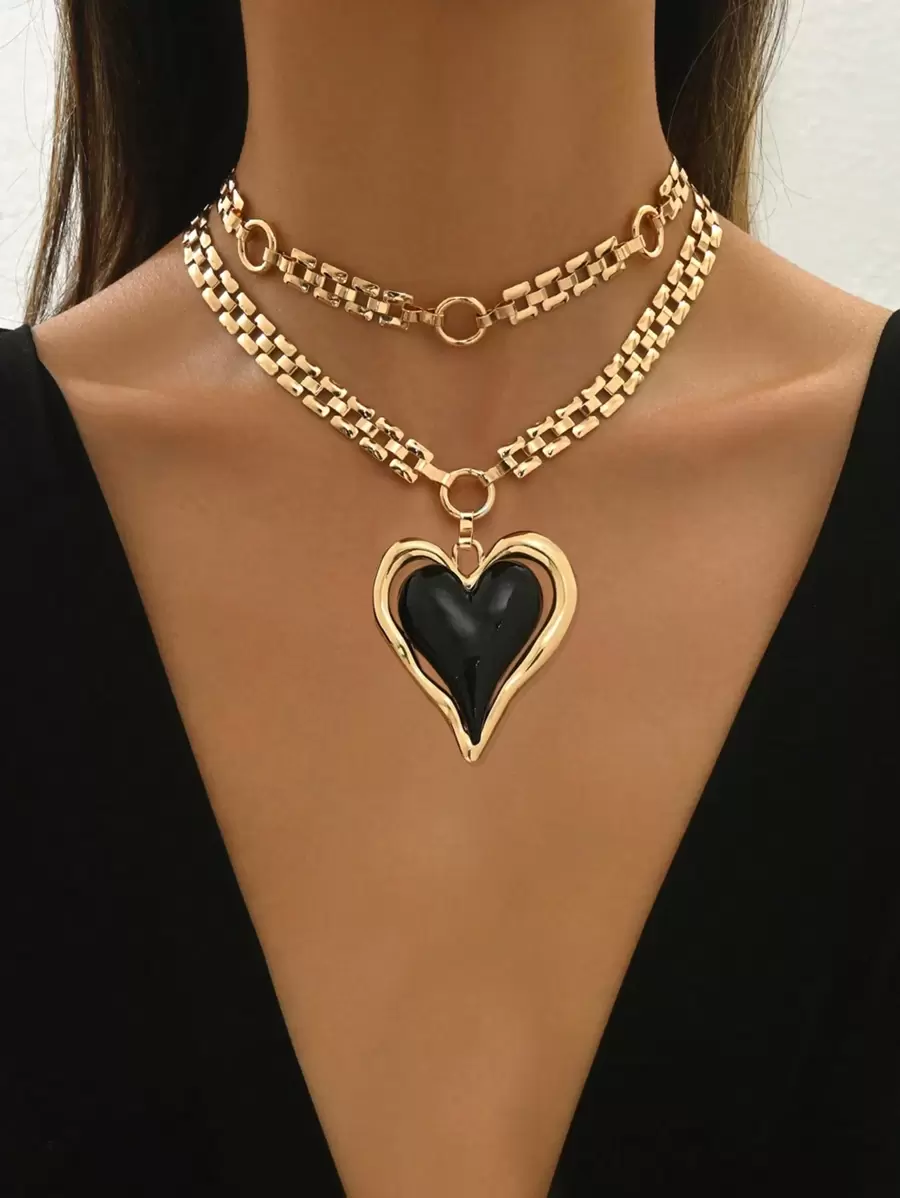 1 pieza Nuevo collar colgante de mujer con efecto metálico, collar gargantilla de moda de gran tamaño exagerado de dos capas con cadena y corazón de color contrastante, elegante y lujoso para uso diario
