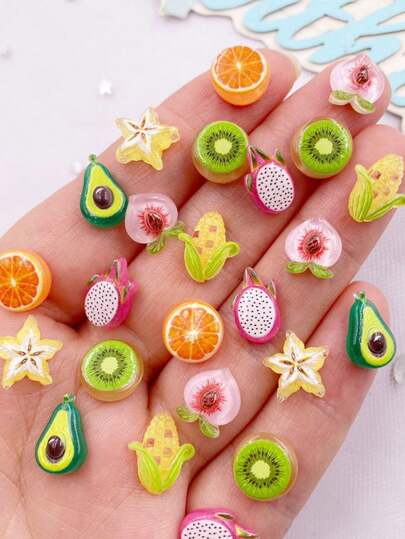 30PCS Mixed Resin Mini Colorful Kawaii Avocado Kiwi Orange Corn Fruits Vegetables Flat Back Rhinestone Art Scrapbook DIY Jewelry Crafts Accessories Embellishments Summer, School