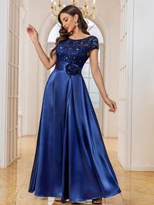MIUSOL Vestido de fiesta formal largo con volantes, bloque de color, encaje con lentejuelas y satén para boda y primavera - Azul Marino - Ver 4