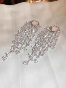 1 对简约优雅复古长流苏心形环状耳环 - 玻璃銀色 - 查看 3