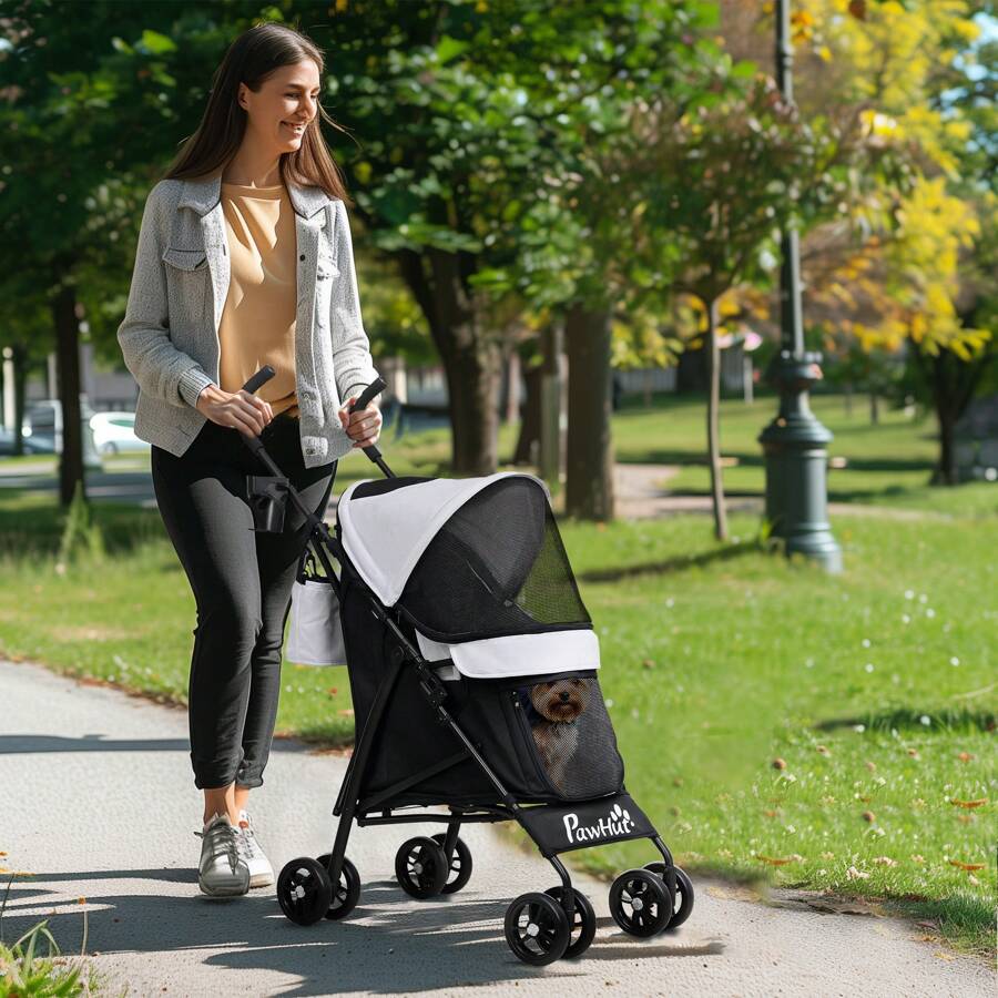 PawHut Poussette chien, poussette pour chien 4 roues, chariot pour chien, structure parapluie, légère, pliable, roues en EVA, sac de rangement, poussette chat charge 4 kg, gris clair - Gris - Voir 1