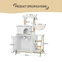 Hzuaneri Maison de Toilette Chat, Maison Moderne 4-en-1 pour Chats avec Grande Plateforme, Abri pour Chat avec Tapis De Grattage, Poteaux, Escaliers Et Pompon, Coussins Lavables