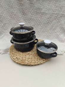 3pcs Enamel Mini Saucepan Set, 12cm-14cm-16cm Thick Double Ear Enamel Cooking Pot, Multi-Purpose For Gas & Induction Cooktop, Vintage Style Enamel Soup Pot, Small Pot For Boiling Milk, Cartoon Cute Enamel Bowl With Handle For Instant Noodles