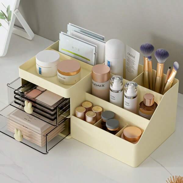 1pc Tri-Color Desktop Drawer Style Cartoon Stationery Cosmetics Jewelry Storage Box, Suitable For Students, Office Desk,Back To School,School Supplies