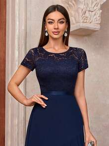 MIUSOL Contrast Floral Lace Chiffon Insert Ruffle Trim Cocktail Party A-Line Dress - Navy Blue - View 7