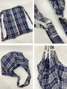 Geantă de umăr cu model carouri albastre, geantă crossbody pentru femei, practică minimalistă ocazională, geantă pliabilă de capacitate mare, țesătură ușoară, moale, multifuncțională, design cu fermoar, potrivită pentru muncă, studiu, călătorii, unisex