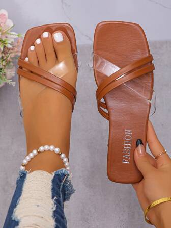 宽版交叉带平底女凉鞋，简约时尚轻便透气拖鞋，百搭海滩休闲风格