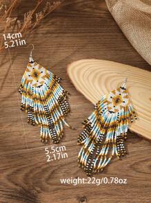 复古波西米亚风种子珠耳环，几何钻石形状，长流苏吊坠，手工编织玻璃珠，适合女性日常、度假、休闲装、派对首饰