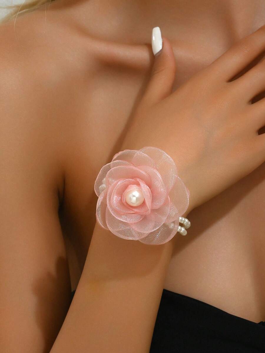 1pc Elegant Chiffon Camellia Flower Pearl Bracelet Headband Set, High-End Women Accessories For Wedding, Party, Holiday Event