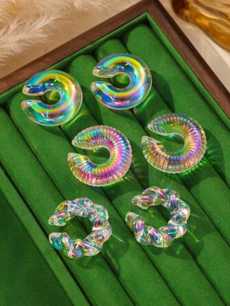 2-6 件透明彩虹螺丝耳环，女士无穿孔环形耳环，时尚欧美朋克风格