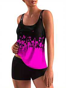 2Pcs Women Summer Swimwear, Floral Strappy Padded Tank Tops + Solid Color Shorts Swimsuit for Girls, 6 Colors - Rosa Fucsia - Ver 1