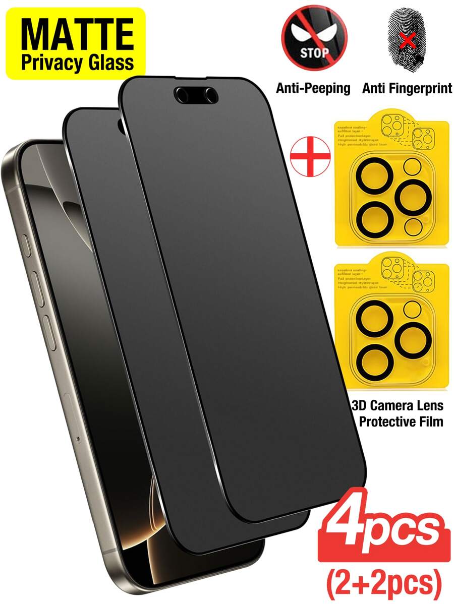 Yezodawee 2pcs Matte Tempered Glass Screen Protector + 2pcs Camera Lens Protector, Anti-Peeping, Privacy Protection, Full Coverage, Anti-Fingerprint, Anti-Drop, Anti-Scratch, Delicate Touch, Compatible With IPhone 17 Pro Max/17 Pro/17 Air/17/16 Pro Max/16 Pro/16 Plus/16/15 Pro Max/14 Pro Max/13 Mini/12/11/XS Max/XR/8 Plus/7 Plus Series