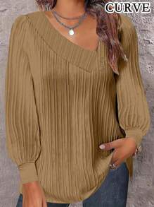 Plus Size Women's Long Sleeve Solid Color Casual Shirt - Khaki - View 1
