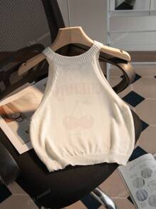 Nouveau Top pour femmes à col rond blanc avec motif imprimé de cerises pour le printemps et l'été. Simple et élégant, convient pour le travail. Top d'été pour femmes
