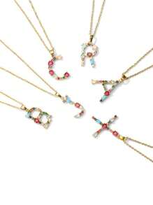 Women's Gold-Plated Stainless Steel Necklace, Colorful Copper Pendant, Luxury Jewelry, Designer Gift, 26 Letters