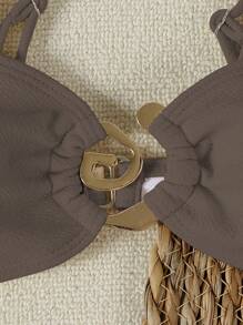 New Arrival Spring/Summer European And American Style Women's Solid Color Khaki Metal Decor Sexy Bikini Swimsuit Set, Suitable For Beach, Party, Date - Khaki - View 4