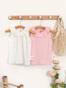 2pcs/Set Baby Girl Casual Cute Pink & White Sleeveless Tank Top T-Shirts, Breathable Solid Color Newborn Infant Baby Girl Clothes - Multicolor - View 1